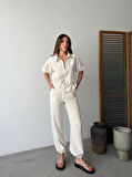 Keten Tam Fermuarlı Kısa Kollu Gömlek Pantolon Ikili Takım - Beyaz