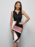 Kadın Kolsuz V Yakalı Geometrik Desenli Midi Dalgıç Elbise