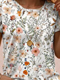 Kadın Kısa Kollu Bisiklet Yaka çiçek Desenli Viskon Bluz