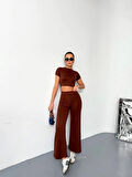 Osy Modal Yumuşak Dokulu Kumaş Kısa Kollu Crop Alt Ispanyol Paça Pantalon Ikili Takım - Kahverengi