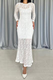 Beyaz Dantelli Uzun Kollu Elbise