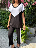 Kadın Kısa Kollu V Yaka Siyah Beyaz Renkli Viskon Iki Iplik Kumaş Eşofman Takımı