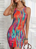 Kadın Kalın Askılı çok Renkli Dalgıç Mini Elbise