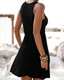 Kadın Kolsuz Halka Detay çıpa Baskılı Viskon Elbise