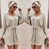 Kadın Uzun Kollu Fitilli şardonlu Detay Buklet Kuşaklı Yumoş Elbise