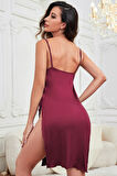 Kadın Bordo Cut Out Detaylı Yırtmaçlı Sexy Gecelik