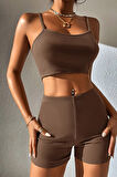 Kadın Kahverengi Şortlu Kaşkorse Gecelik Takım