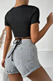 Kadın Siyah Yarım Kol Çapraz Bağlamalı Crop Top Bluz