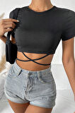 Kadın Siyah Yarım Kol Çapraz Bağlamalı Crop Top Bluz
