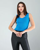 Mavi Merdiven Yaka Kalın Askı Crop Bluz