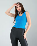 Mavi Merdiven Yaka Kalın Askı Crop Bluz
