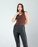Acı Kahve Merdiven Yaka Kalın Askı Crop Bluz