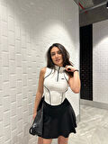 Beyaz Fermuarlı Bilyeli Bluz