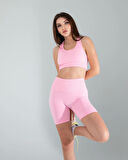 Pembe Seamless Dikişsiz Biker Tayt Crop Takım