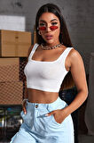 Kadın Beyaz Kalın Askılı Crop Top Büstiyer