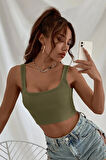 Kadın Haki Yeşili Kalın Askılı Crop Top Büstiyer