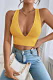 Kadın Sarı Çapraz Sırt Detaylı Şık Crop Top Büstiyer