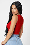 Kadın Kırmızı Kare Yaka Crop Top Bluz