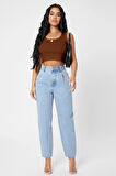 Kadın Kahverengi Kare Yaka Crop Top Bluz