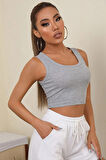 Kadın Gri Kare Yaka Crop Top Bluz