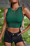 Kadın Yeşil Kare Yaka Crop Top Bluz