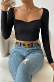 Kadın Siyah Uzun Kol Göğüs Dekolteli Şık Crop Top Bluz