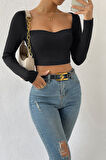 Kadın Siyah Uzun Kol Göğüs Dekolteli Şık Crop Top Bluz