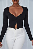 Kadın Siyah Uzun Kollu Düğmeli Göğüs ve Göbek Dekolteli Crop Top Bluz