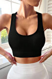 Kadın Siyah Sırtı Çapraz Lastik Detaylı Crop Top Bluz