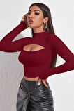 Kadın Bordo Göğüs Dekolteli Uzun Kollu Cut Out Crop Top Bluz