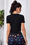 Kadın Siyah Çift Fermuarlı Yarım Kol Crop Top Bluz