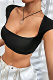 Kadın Siyah Sırt Dekolteli ve Boyundan Bağlamalı Yarım Kol Crop Top Bluz