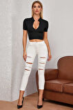 Kadın Siyah Yarım Fermuarlı ve Kısa Kollu Crop Top Bluz