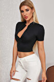Kadın Siyah Yarım Fermuarlı ve Kısa Kollu Crop Top Bluz