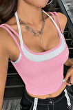 Kadın Pembe Beyaz Çift Renk Çapraz Askılı Crop Top Bluz