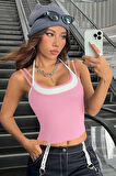 Kadın Pembe Beyaz Çift Renk Çapraz Askılı Crop Top Bluz