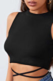 Kadın Siyah Çapraz Bağlamalı Crop Top Büstiyer