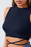Kadın Lacivert Çapraz Bağlamalı Crop Top Büstiyer