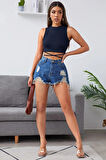 Kadın Lacivert Çapraz Bağlamalı Crop Top Büstiyer