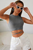 Kadın Gri Çapraz Bağlamalı Crop Top Büstiyer