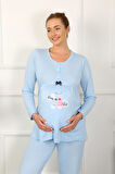 Kadın Uzun Kol Hamile Lohusa Pijama Takımı Mavi 45501