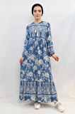 Vintage Desen Elbise Mavi