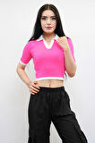 Renkli Yaka Triko Crop Pembe