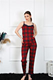 Kadın İp Askılı Kırmızı Ekoseli Pijama Takım 4135