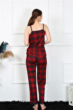 Kadın İp Askılı Kırmızı Ekoseli Pijama Takım 4135