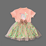 1-2-3 Yaş Denizkızı Baskılı Pul Desen Etekli Kız Bebek Elbisesi Pudra