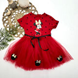 2-3-4 Yaş Puantiyeli Mickey Baskılı Kurdela Kuşaklı Astarlı Kız Bebek Tütü Elbisesi Kırmızı