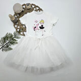 5-6-7 Yaş Flamingo Balerin Kız Baskılı Kurdela Kuşaklı Astarlı Kız Çocuk Tütü Elbise Beyaz