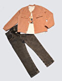 4-5-6 Yaş Kot Pantolonlu Nubukceketli Uzun Kollu Penye Sweat 3lü Erkek Çocuk Takımı Kiremit