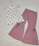 1-2-3-4 Yaş Kiraz Baskılı Tişört İspanyol Paçalı Likralı 2li Kız Çocuk Takımı Gül Kurusu